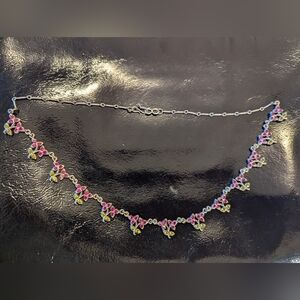 Yochi Pink flowered pewter necklace